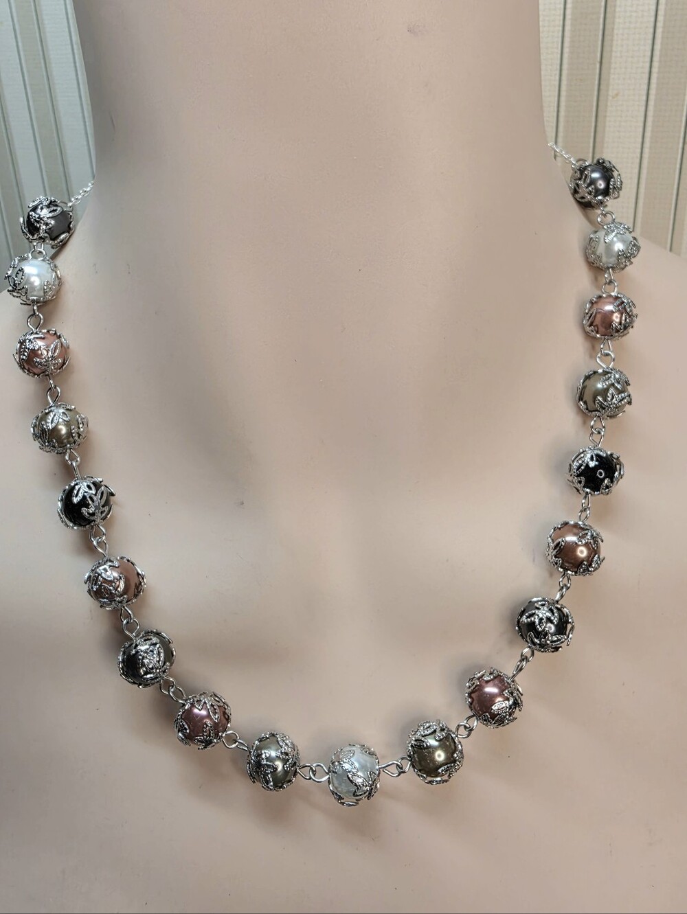 Vintage Faux Pearl Bead Necklace & Earrings Set 16" Silver Tone